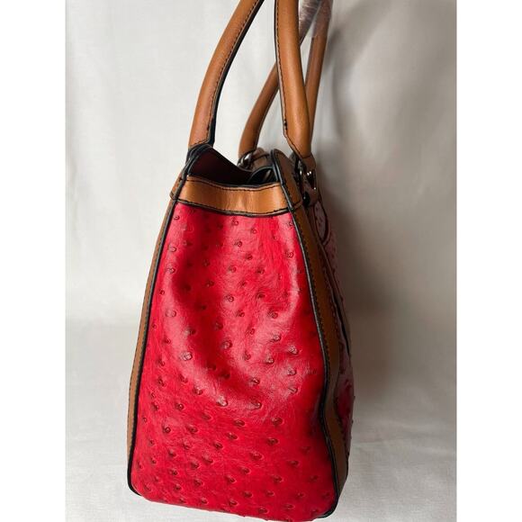 London Fog Handbag Red Ostrich Faux Leather Snap Satchel Top Handle Bag NEW - Picture 2 of 11